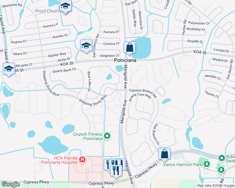 map of restaurants, bars, coffee shops, grocery stores, and more near 386 Blue Lake Circle in Kissimmee