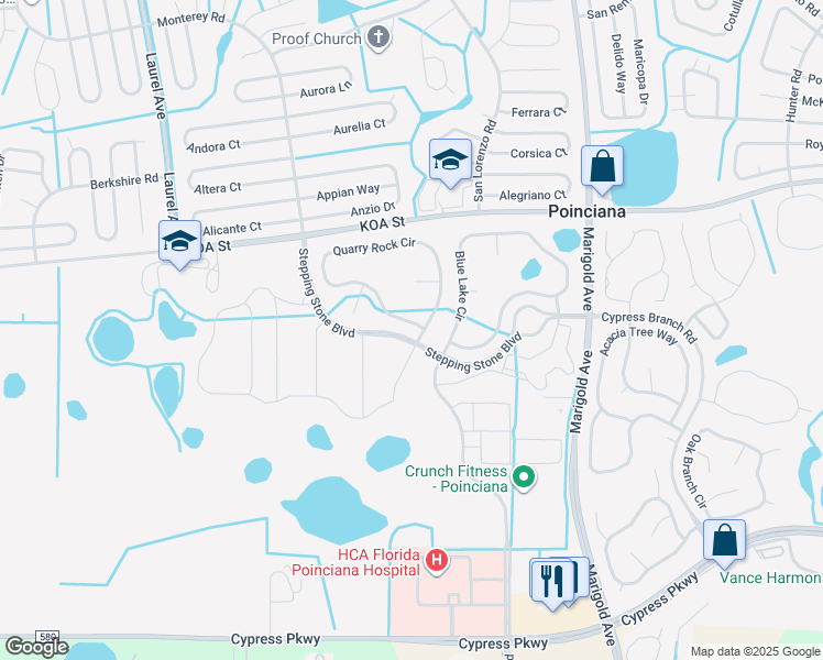map of restaurants, bars, coffee shops, grocery stores, and more near 415 Quarry Rock Circle in Poinciana