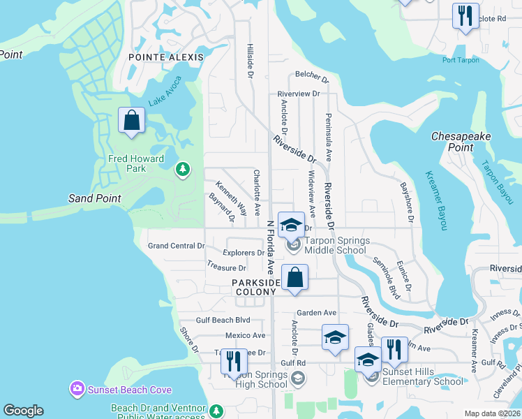 map of restaurants, bars, coffee shops, grocery stores, and more near 616 Charlotte Avenue in Tarpon Springs