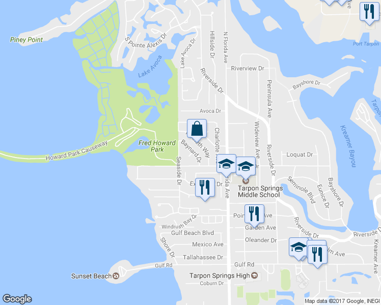map of restaurants, bars, coffee shops, grocery stores, and more near 626 Baynard Court in Tarpon Springs