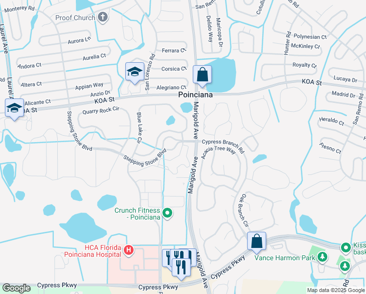 map of restaurants, bars, coffee shops, grocery stores, and more near 386 Blue Lake Circle in Kissimmee