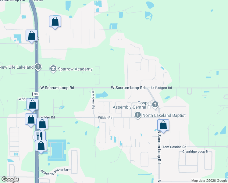 map of restaurants, bars, coffee shops, grocery stores, and more near 420 West Socrum Loop Road in Lakeland