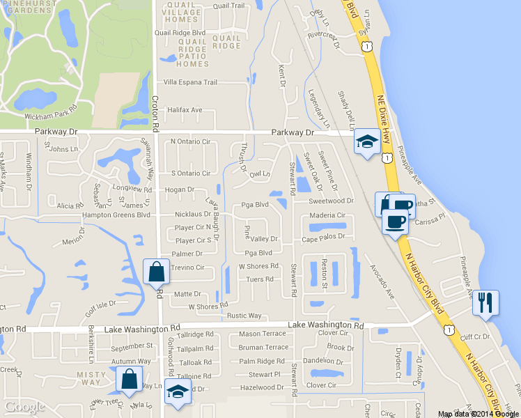 map of restaurants, bars, coffee shops, grocery stores, and more near 1642 Pga Boulevard in Melbourne