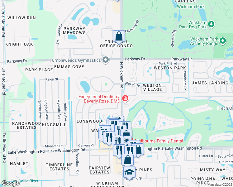 map of restaurants, bars, coffee shops, grocery stores, and more near 3054 Woodsmill Drive in Melbourne