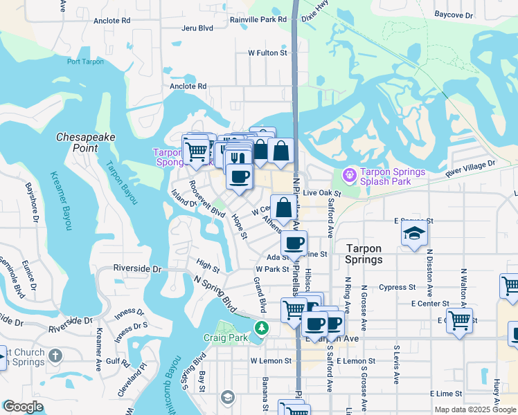 map of restaurants, bars, coffee shops, grocery stores, and more near 422 Athens Street in Tarpon Springs