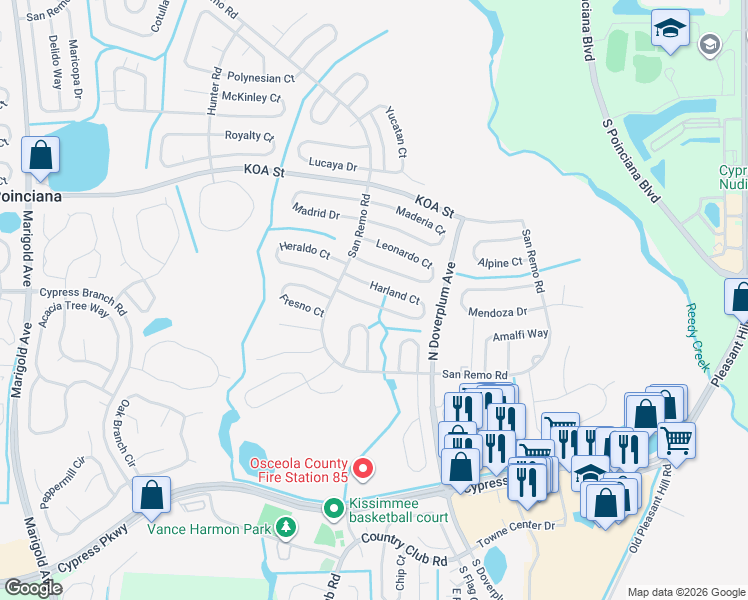 map of restaurants, bars, coffee shops, grocery stores, and more near 713 Harland Court in Kissimmee