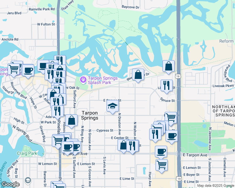 map of restaurants, bars, coffee shops, grocery stores, and more near 719 North Disston Avenue in Tarpon Springs