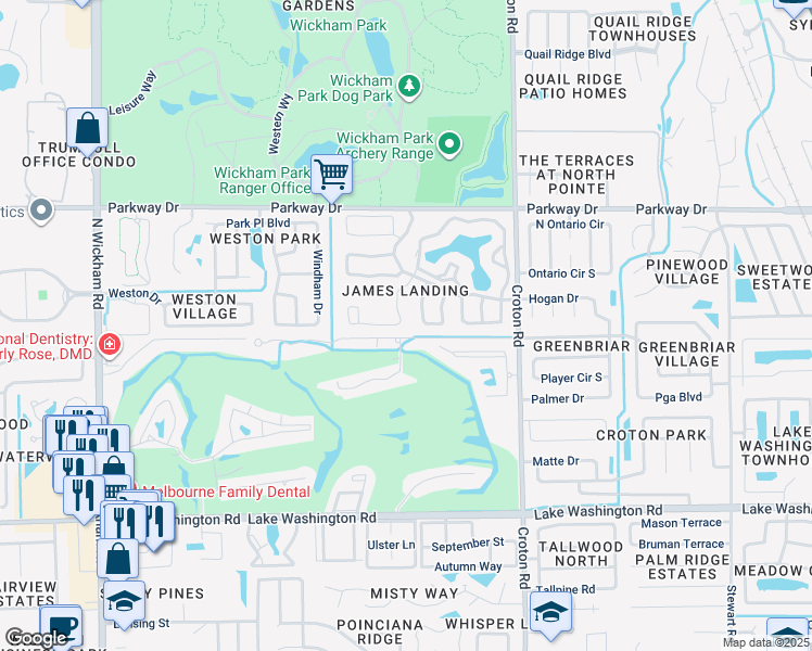 map of restaurants, bars, coffee shops, grocery stores, and more near 2499 Alicia Ln in Melbourne