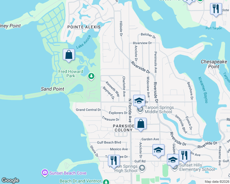 map of restaurants, bars, coffee shops, grocery stores, and more near 621 Kenneth Way in Tarpon Springs