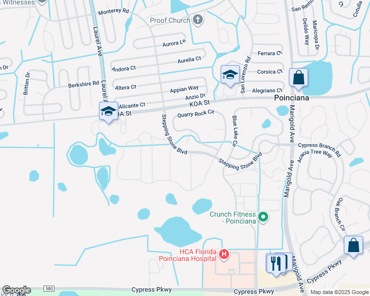 map of restaurants, bars, coffee shops, grocery stores, and more near 302 Millstone Court in Kissimmee