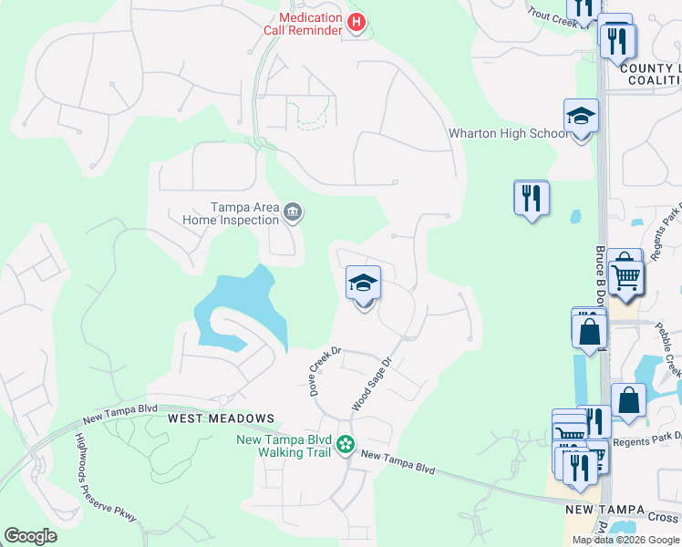 map of restaurants, bars, coffee shops, grocery stores, and more near 19216 Wood Sage Drive in Tampa