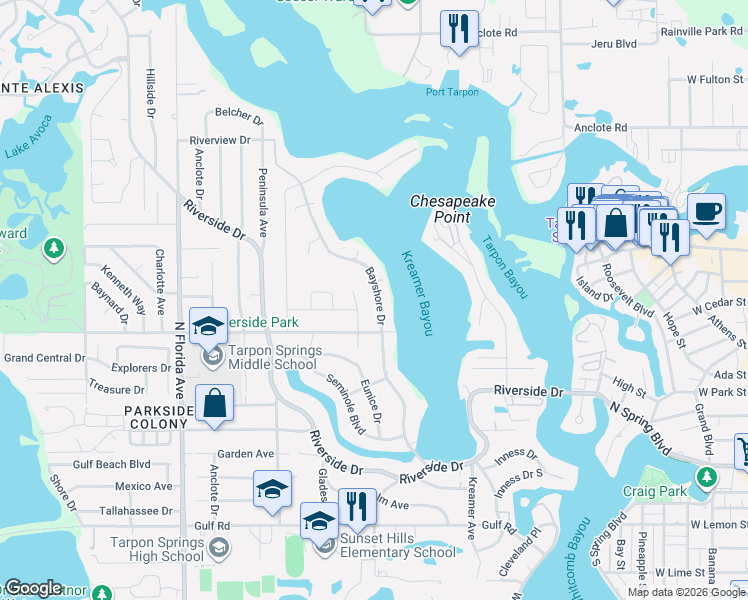 map of restaurants, bars, coffee shops, grocery stores, and more near 721 Bayshore Drive in Tarpon Springs
