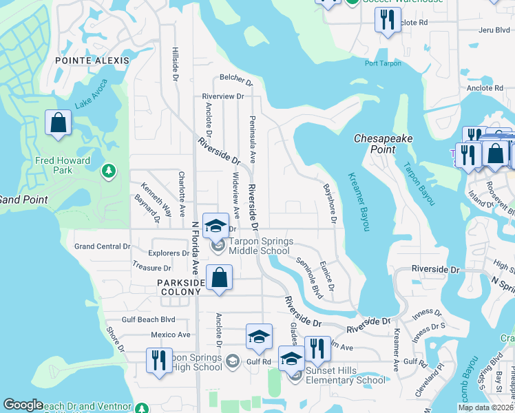 map of restaurants, bars, coffee shops, grocery stores, and more near 836 Riverside Drive in Tarpon Springs