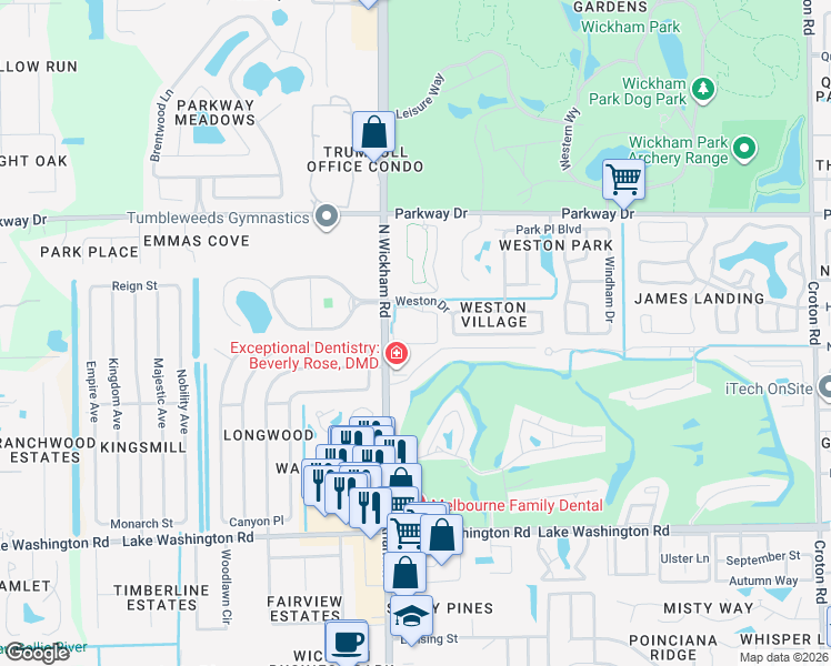 map of restaurants, bars, coffee shops, grocery stores, and more near 2935 Kemblewick Drive in Melbourne