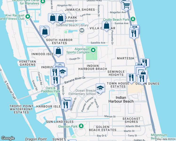 map of restaurants, bars, coffee shops, grocery stores, and more near 213 Ponkapoag Way in Satellite Beach