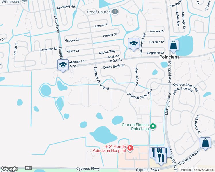 map of restaurants, bars, coffee shops, grocery stores, and more near 302 Millstone Court in Kissimmee