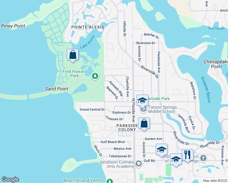 map of restaurants, bars, coffee shops, grocery stores, and more near 624 Baynard Drive in Tarpon Springs
