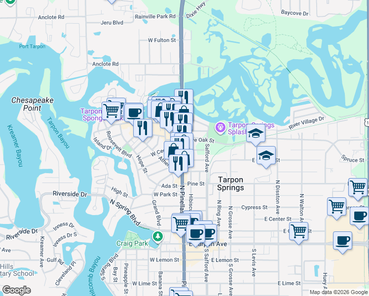 map of restaurants, bars, coffee shops, grocery stores, and more near 802 North Pinellas Avenue in Tarpon Springs