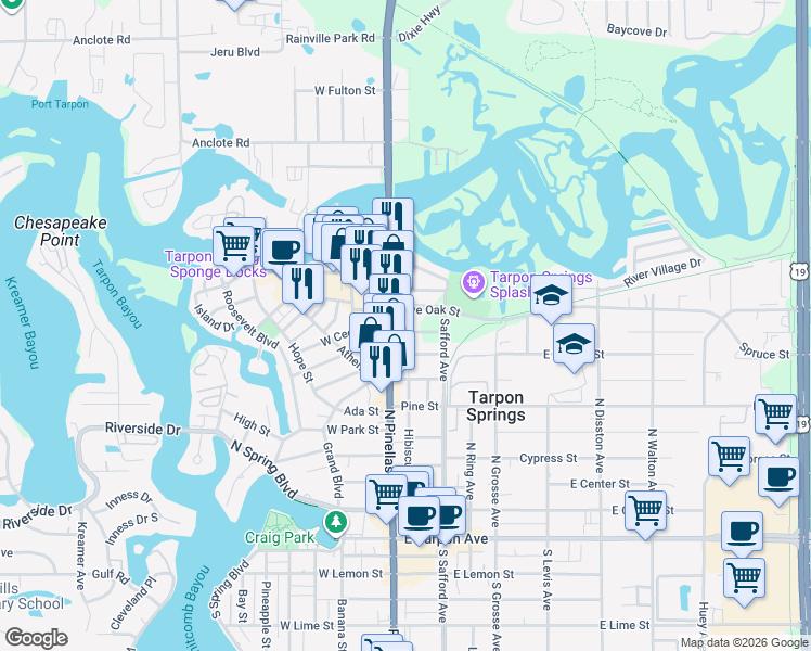 map of restaurants, bars, coffee shops, grocery stores, and more near 802 North Pinellas Avenue in Tarpon Springs