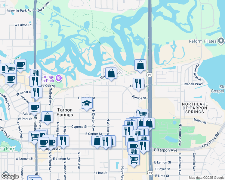 map of restaurants, bars, coffee shops, grocery stores, and more near 709 Locust Street in Tarpon Springs