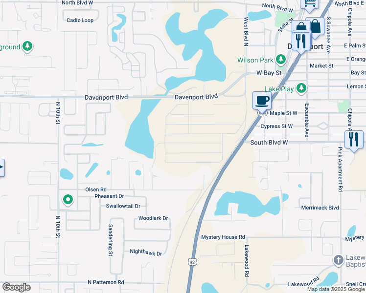 map of restaurants, bars, coffee shops, grocery stores, and more near 701-795 East Park Road in Haines City