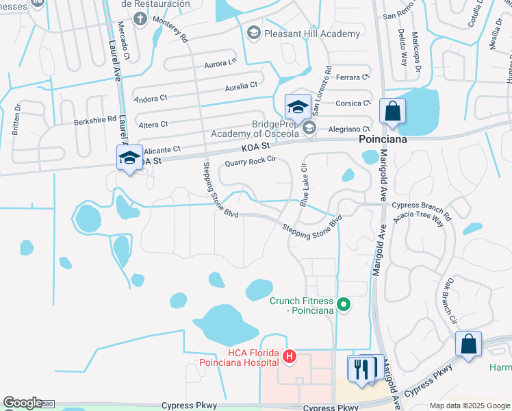map of restaurants, bars, coffee shops, grocery stores, and more near 415 Quarry Rock Circle in Poinciana