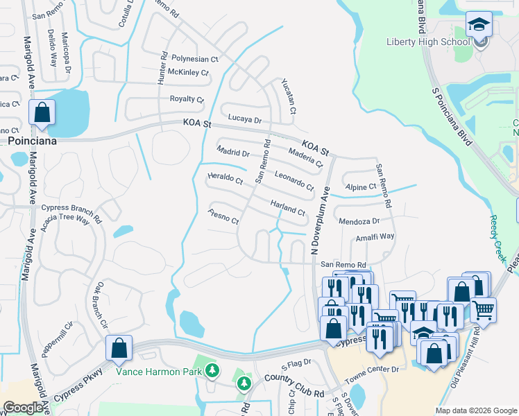 map of restaurants, bars, coffee shops, grocery stores, and more near 702 Harland Court in Kissimmee