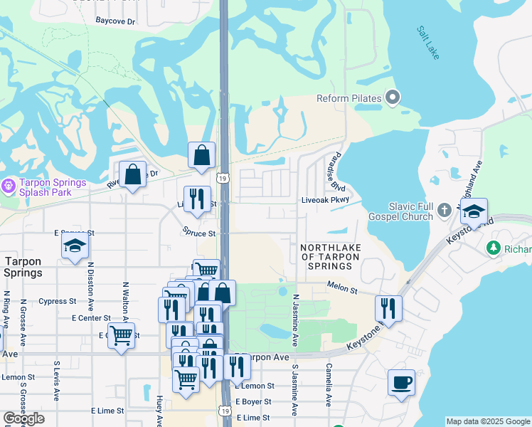 map of restaurants, bars, coffee shops, grocery stores, and more near 41975 U.S. 19 in Tarpon Springs