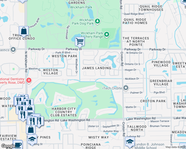 map of restaurants, bars, coffee shops, grocery stores, and more near 2540 Alicia Lane in Melbourne