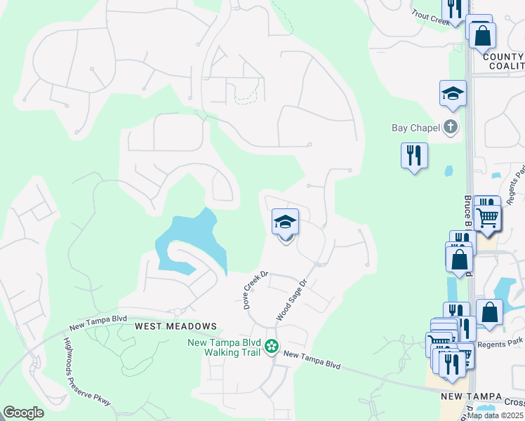map of restaurants, bars, coffee shops, grocery stores, and more near 19216 Wood Sage Drive in Tampa