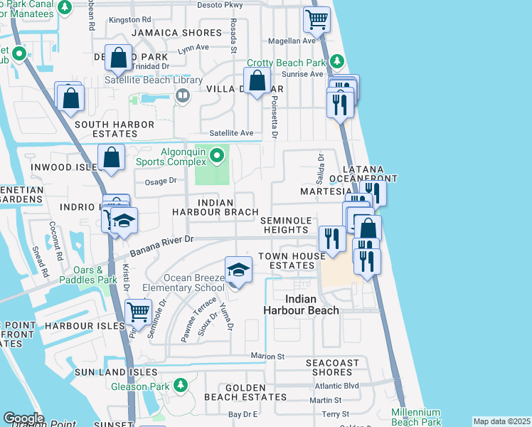 map of restaurants, bars, coffee shops, grocery stores, and more near 1030 Pine Tree Drive in Satellite Beach