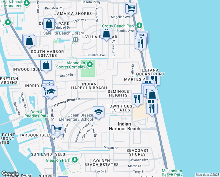 map of restaurants, bars, coffee shops, grocery stores, and more near 1030 Pinetree Drive in Indian Harbour Beach