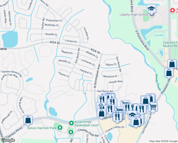 map of restaurants, bars, coffee shops, grocery stores, and more near 750 Harland Court in Kissimmee