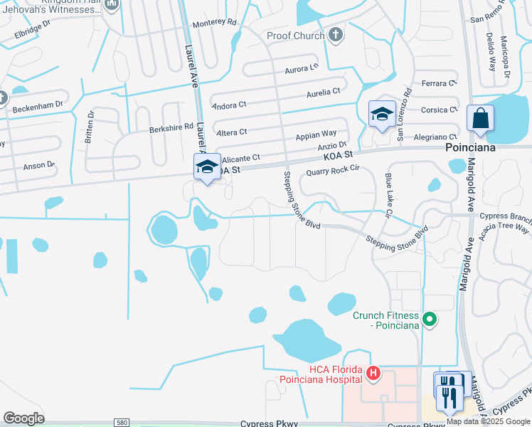 map of restaurants, bars, coffee shops, grocery stores, and more near Skipping Stone Boulevard in Poinciana