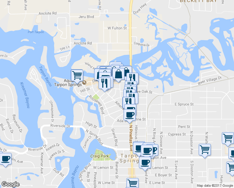 map of restaurants, bars, coffee shops, grocery stores, and more near 116 Cedar Street in Tarpon Springs