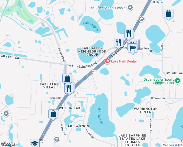 map of restaurants, bars, coffee shops, grocery stores, and more near Florida 597 in Lutz