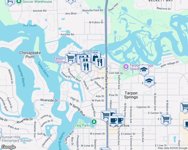 map of restaurants, bars, coffee shops, grocery stores, and more near 432 Athens Street in Tarpon Springs