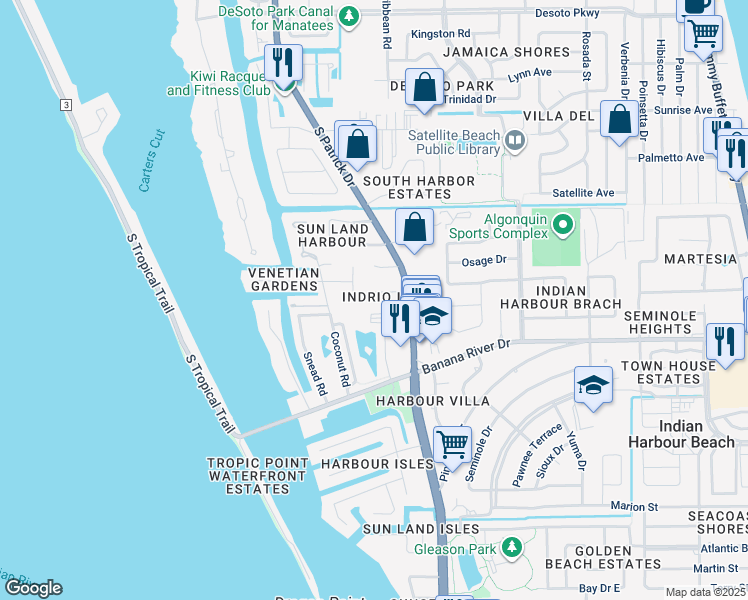 map of restaurants, bars, coffee shops, grocery stores, and more near 1290 Etruscan Way in Indian Harbour Beach