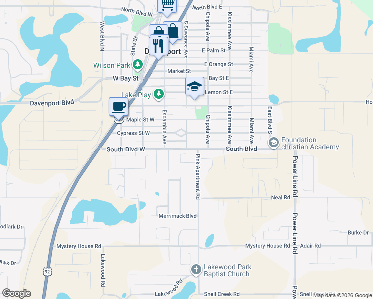 map of restaurants, bars, coffee shops, grocery stores, and more near in Davenport