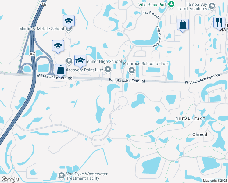 map of restaurants, bars, coffee shops, grocery stores, and more near 5107 Rue Vendome in Lutz