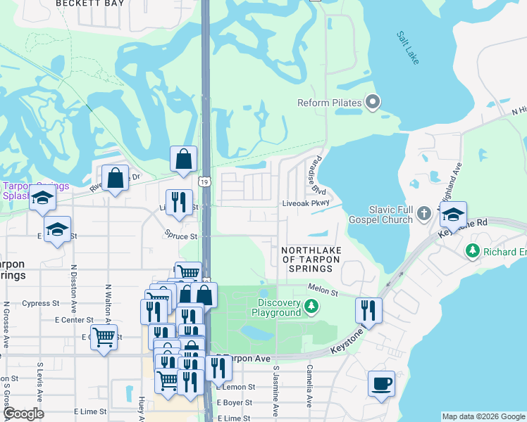 map of restaurants, bars, coffee shops, grocery stores, and more near 1159 East Rohe Street in Tarpon Springs