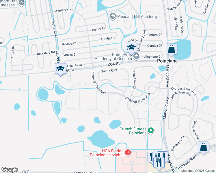 map of restaurants, bars, coffee shops, grocery stores, and more near 302 Millstone Court in Kissimmee