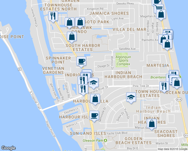 map of restaurants, bars, coffee shops, grocery stores, and more near 231 Micanopy Court in Satellite Beach
