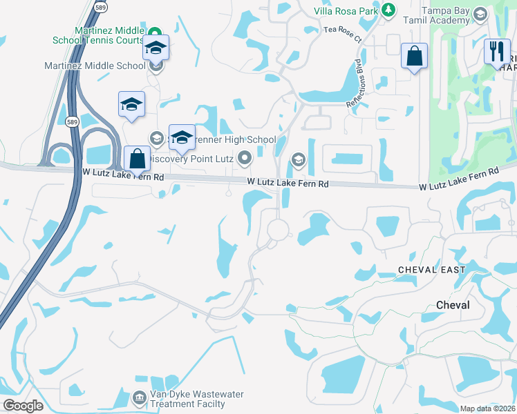 map of restaurants, bars, coffee shops, grocery stores, and more near 5107 Rue Vendome in Lutz
