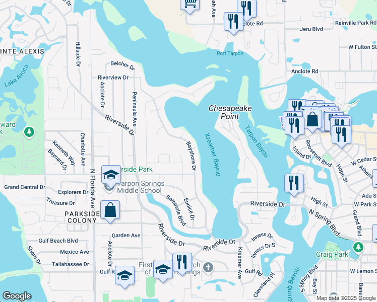 map of restaurants, bars, coffee shops, grocery stores, and more near 735 Bayshore Drive in Tarpon Springs