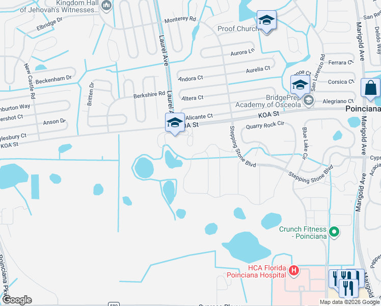 map of restaurants, bars, coffee shops, grocery stores, and more near Koa Street in Poinciana