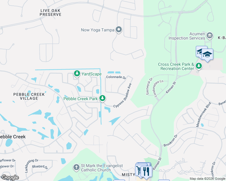 map of restaurants, bars, coffee shops, grocery stores, and more near 9910 Colonnade Drive in Tampa