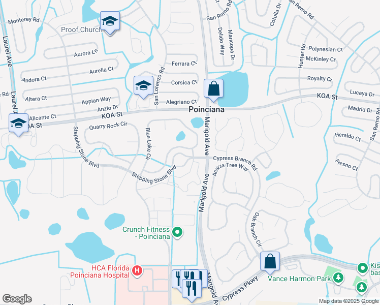 map of restaurants, bars, coffee shops, grocery stores, and more near 386 Blue Lake Circle in Kissimmee
