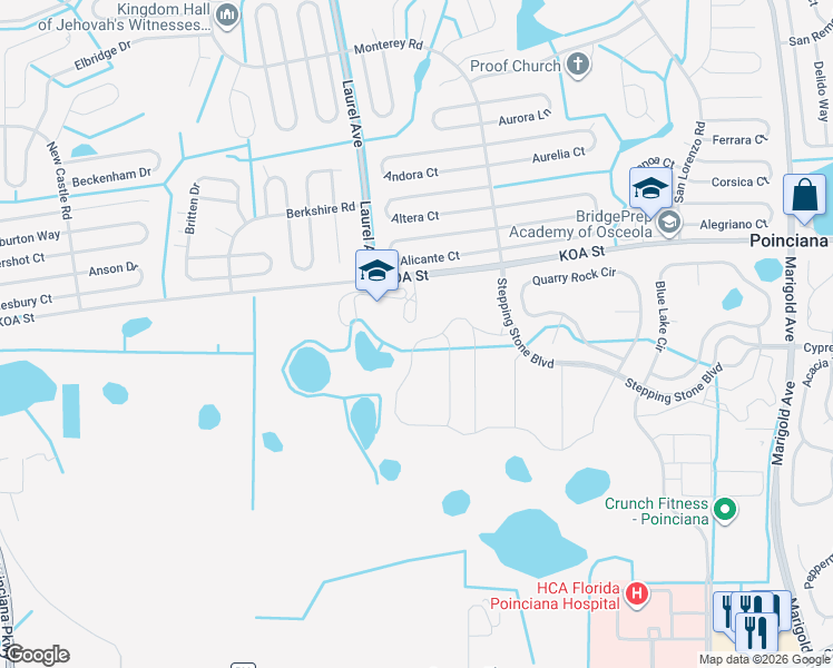 map of restaurants, bars, coffee shops, grocery stores, and more near Koa Street in Poinciana