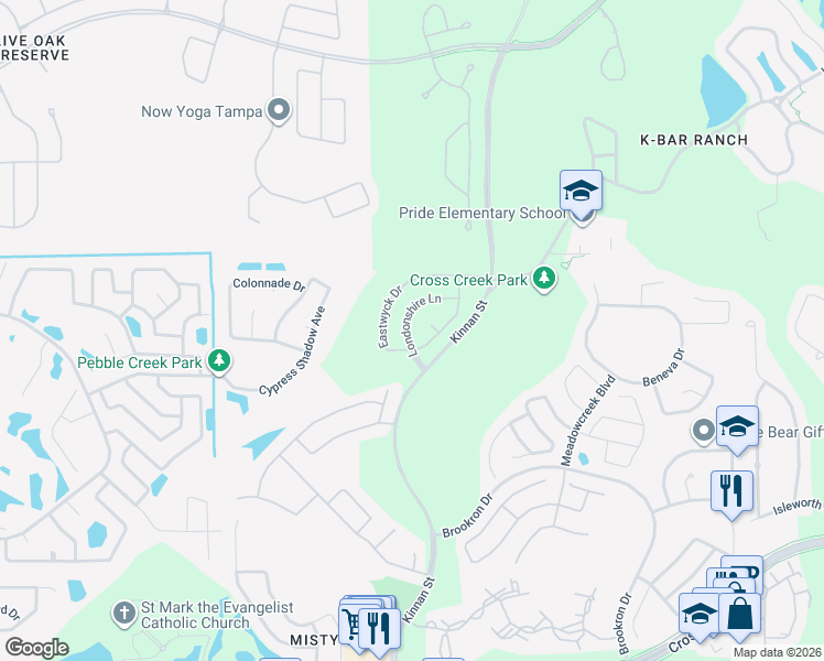 map of restaurants, bars, coffee shops, grocery stores, and more near 18322 Eastwyck Drive in Tampa